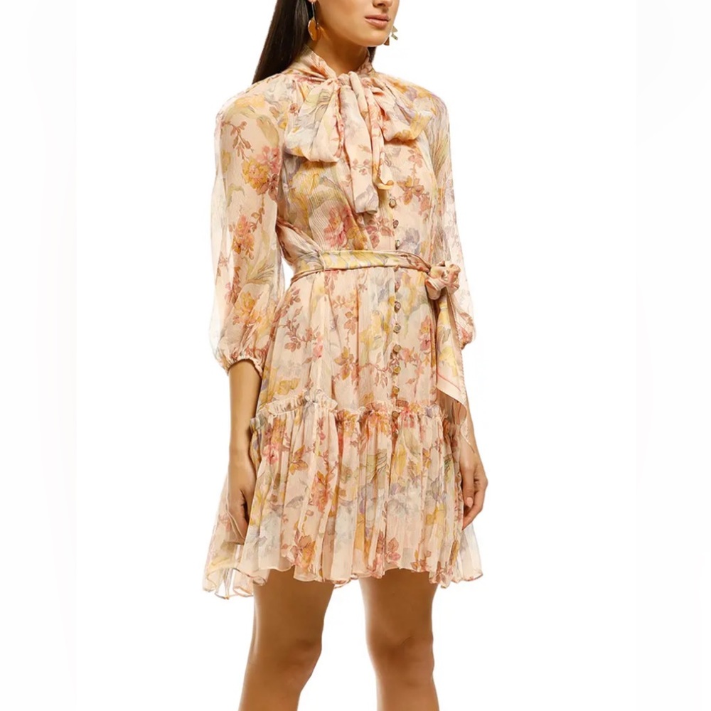 Zimmermann Floral Tie-Neck Ruffled Mini Dress in Blush & Peach